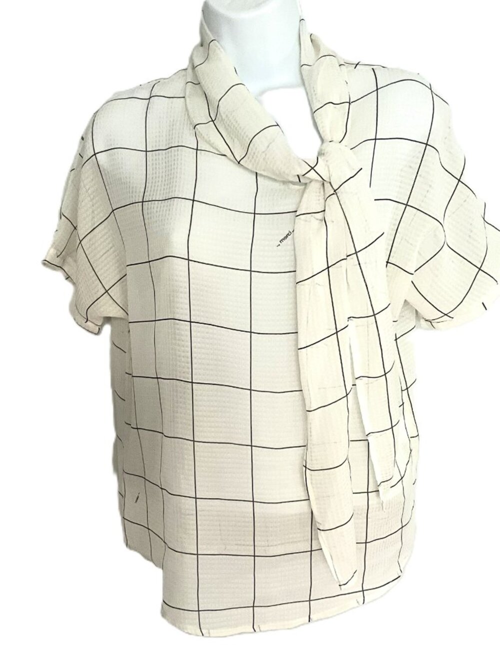 MERCI Italia Women's Cream Windowpane Plaid Blouse with Matching Scarf Size L
